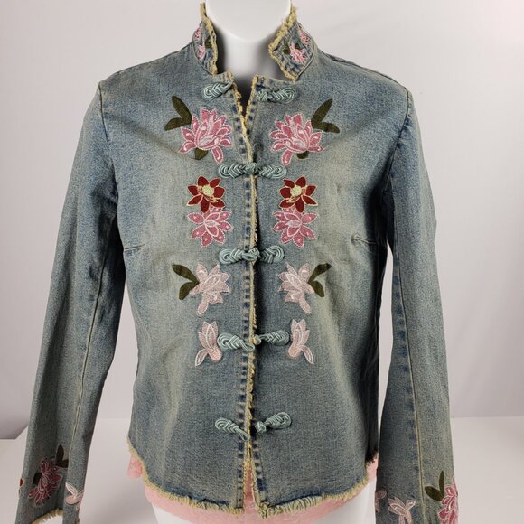 INC Concepts Petite P Denim Jacket Embroidered Flowers Womens Frog Closure Coat - Picture 1 of 16